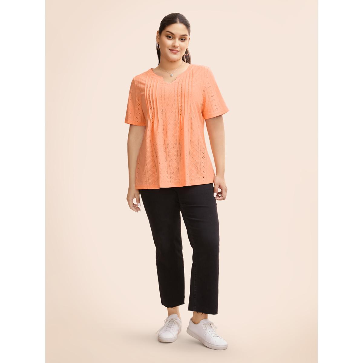 Plus Size Notched Broderie Anglaise Pleated T-shirt Lightorange Women Casual Texture Flat collar with V-notch Everyday T-shirts BloomChic 10/M Product Image