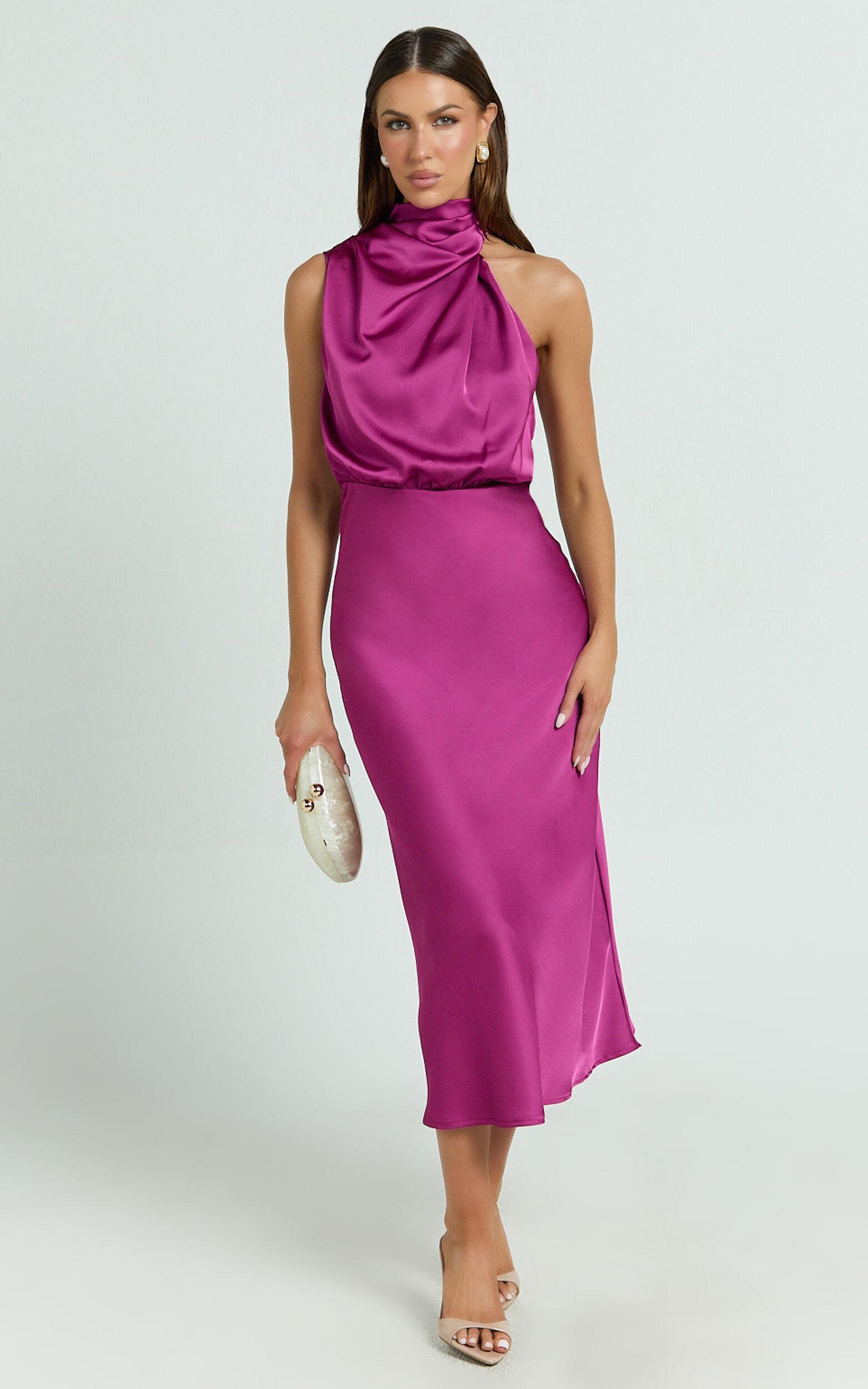 Minnie Midi Dress - Drape Neck Satin Slip Dress in Purple Product Image