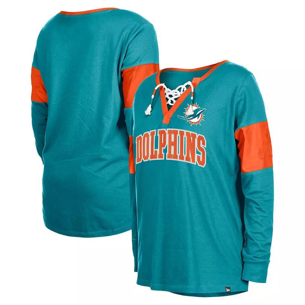 Women's New Era Aqua Miami Dolphins Lace-Up Notch-Neck Long Sleeve T-Shirt, Size: Large, Turquoise A Product Image