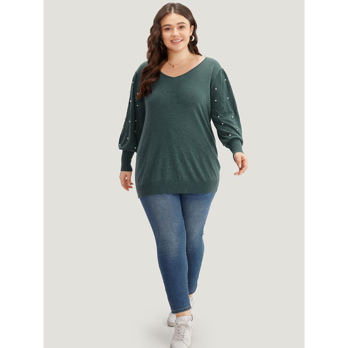 Plus Size Supersoft Essentials Solid Pearl Beaded Elastic Cuffs Pullover DarkGreen Women Casual Long Sleeve V-neck Dailywear Pullovers BloomChic 28/5X Product Image