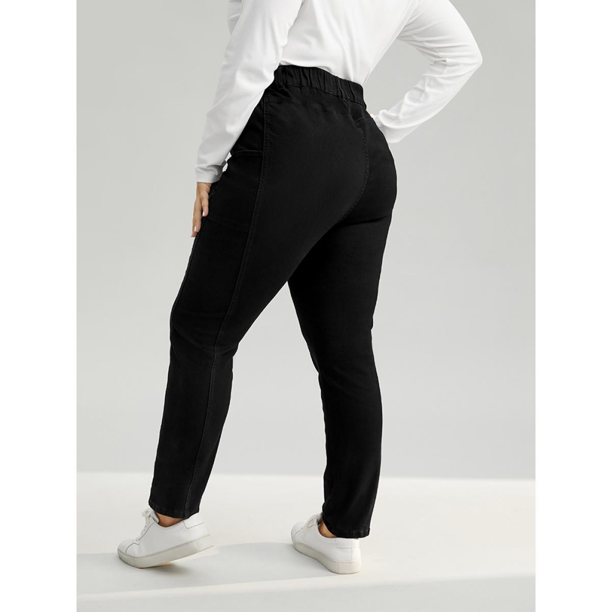 Plus Size Elastic Waist Side Pocket Skinny Jeans Women Black Casual Plain Plain High stretch Pocket Jeans BloomChic 26/4X Product Image