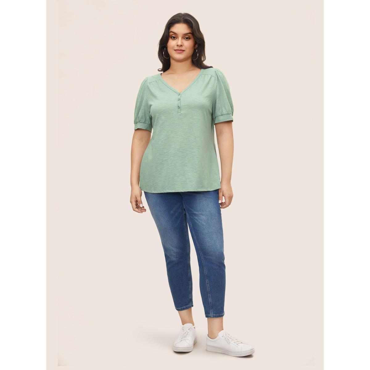 Plus Size Solid Puff Sleeve Button Up Gathered T-shirt Mint Women Casual Gathered V-neck Everyday T-shirts BloomChic 22-24/3X Product Image