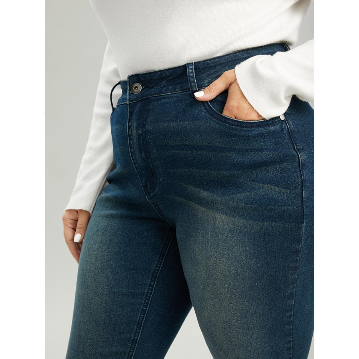 Plus Size Very Stretchy Straight Leg Roll Hem Jeans Women Aegean Casual Plain Plain High stretch Pocket Jeans BloomChic 22/3X Product Image