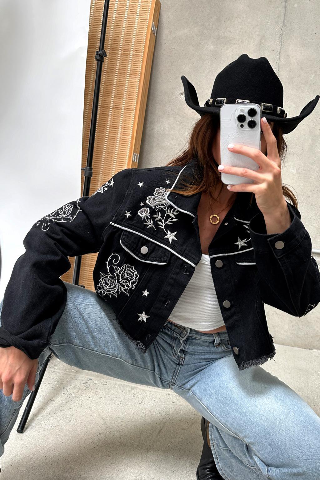 Gracelyn Black Embroidered Cropped Jacket Product Image