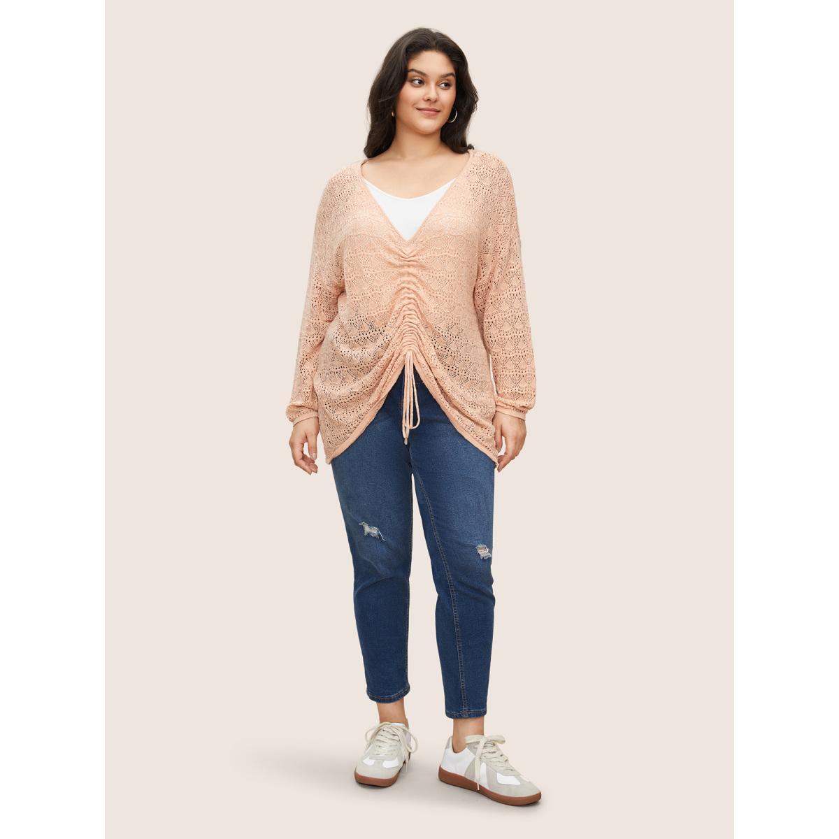 Plus Size Texture Drawstring Shoulder Sleeve Pullover Coral Women Casual Long Sleeve Deep V-neck Everyday Pullovers BloomChic 22-24/3X Product Image