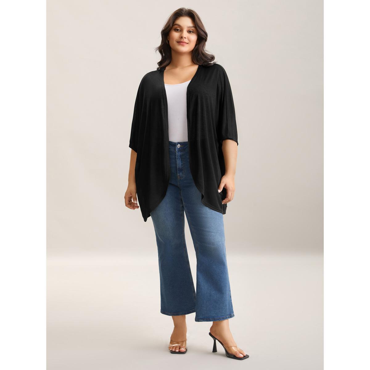 Plus Size Sheer Textured Open Front Kimono Women Black See through Loose Everyday-Elegant Kimonos BloomChic 14-16/1X Product Image
