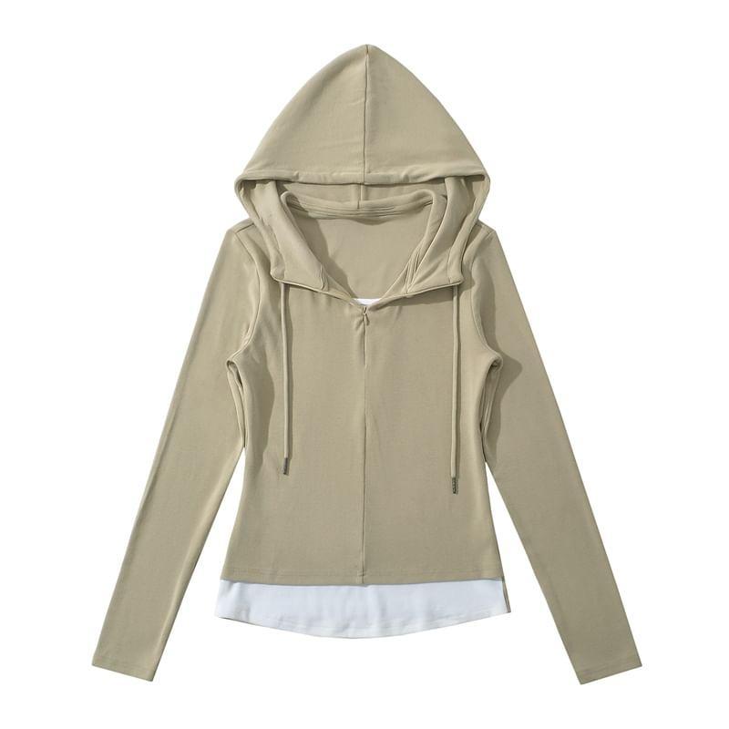 Long-Sleeve Two Tone Mock Two-Piece Hooded Tee Product Image