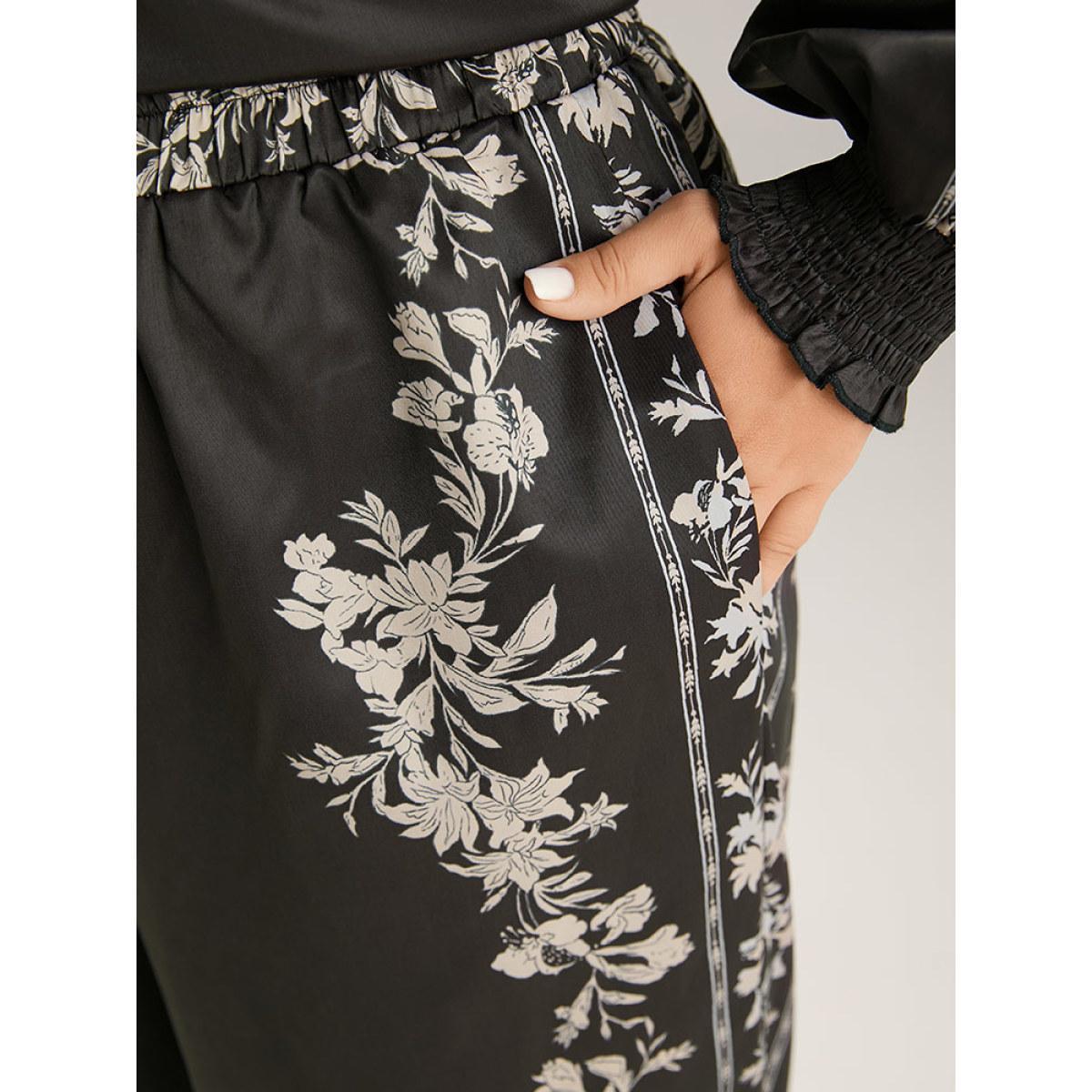 Plus Size Boho Print Pocket Elastic Waist Pants Women BlackFlower Elegant Straight Leg High Rise Dailywear Pants BloomChic 22-24/3X Product Image