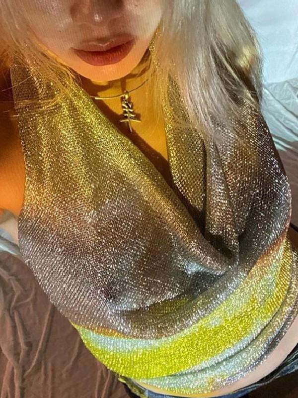 Metallic Silver Halter Cropped Tank Top Product Image