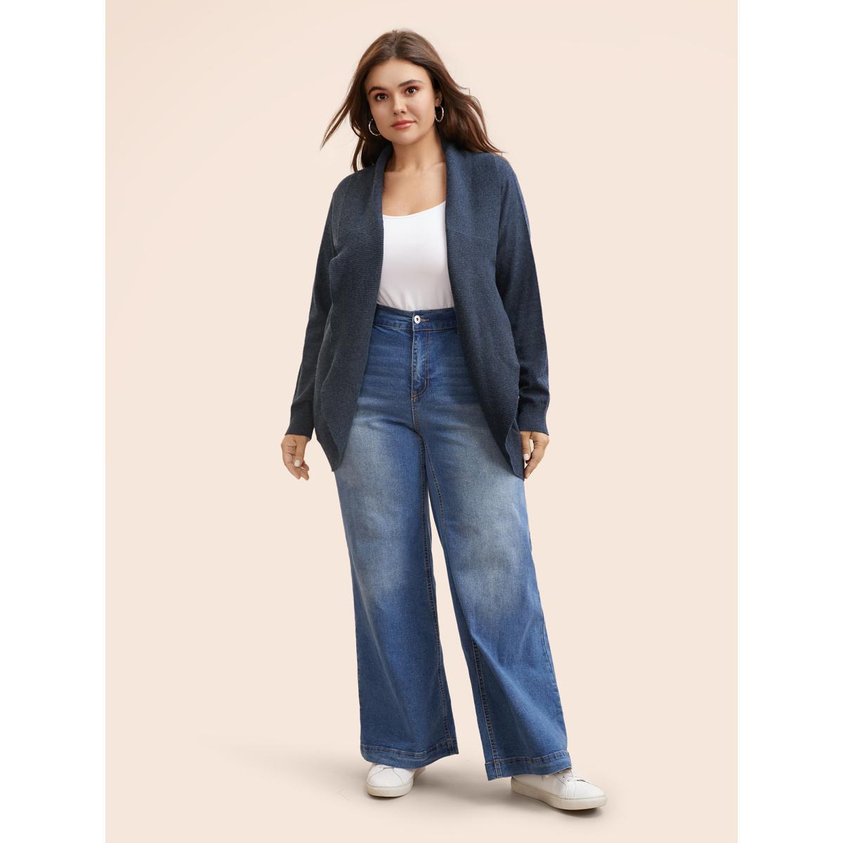 Plus Size Supersoft Essentials Textured Lapel Collar Cardigan Midnight Women Casual Loose Long Sleeve Everyday Cardigans BloomChic 12/L Product Image