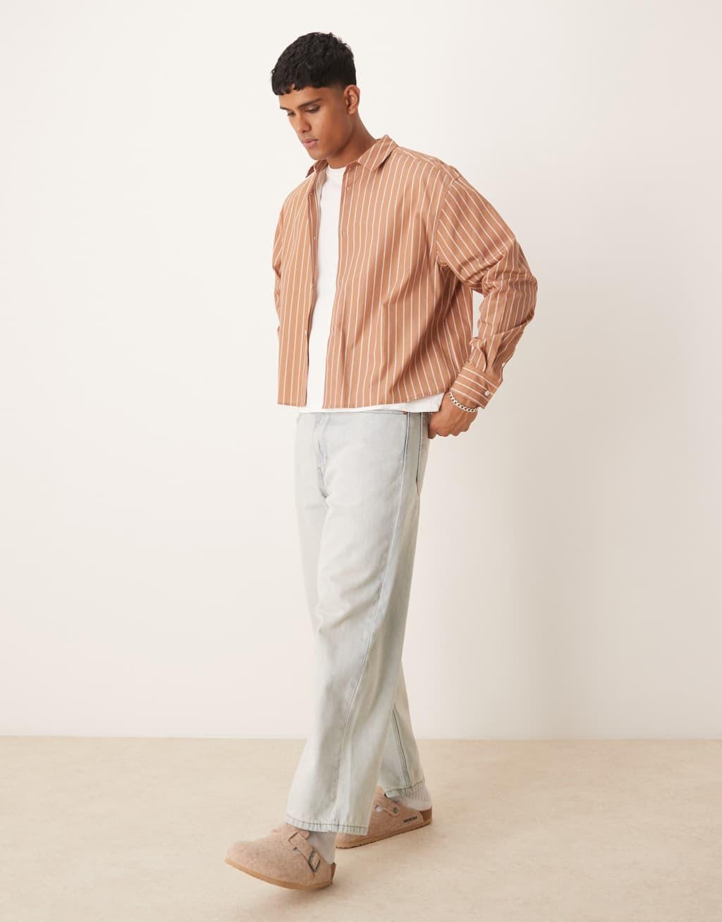 ASOS DESIGN oversized cropped shirt in brown stripe Product Image