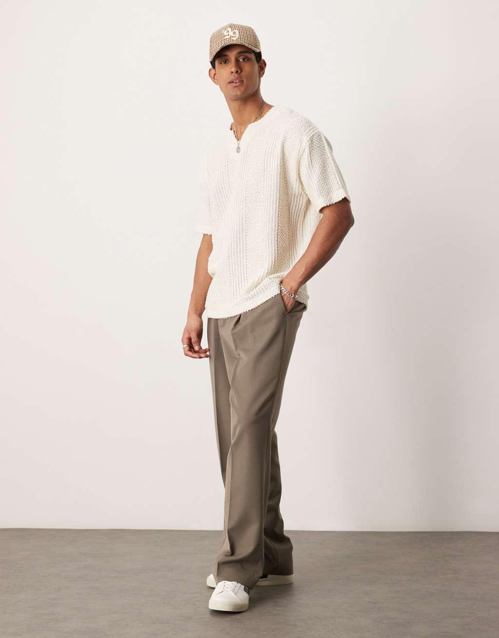 ASOS DESIGN oversized textured V-neck T-shirt in neutral Product Image