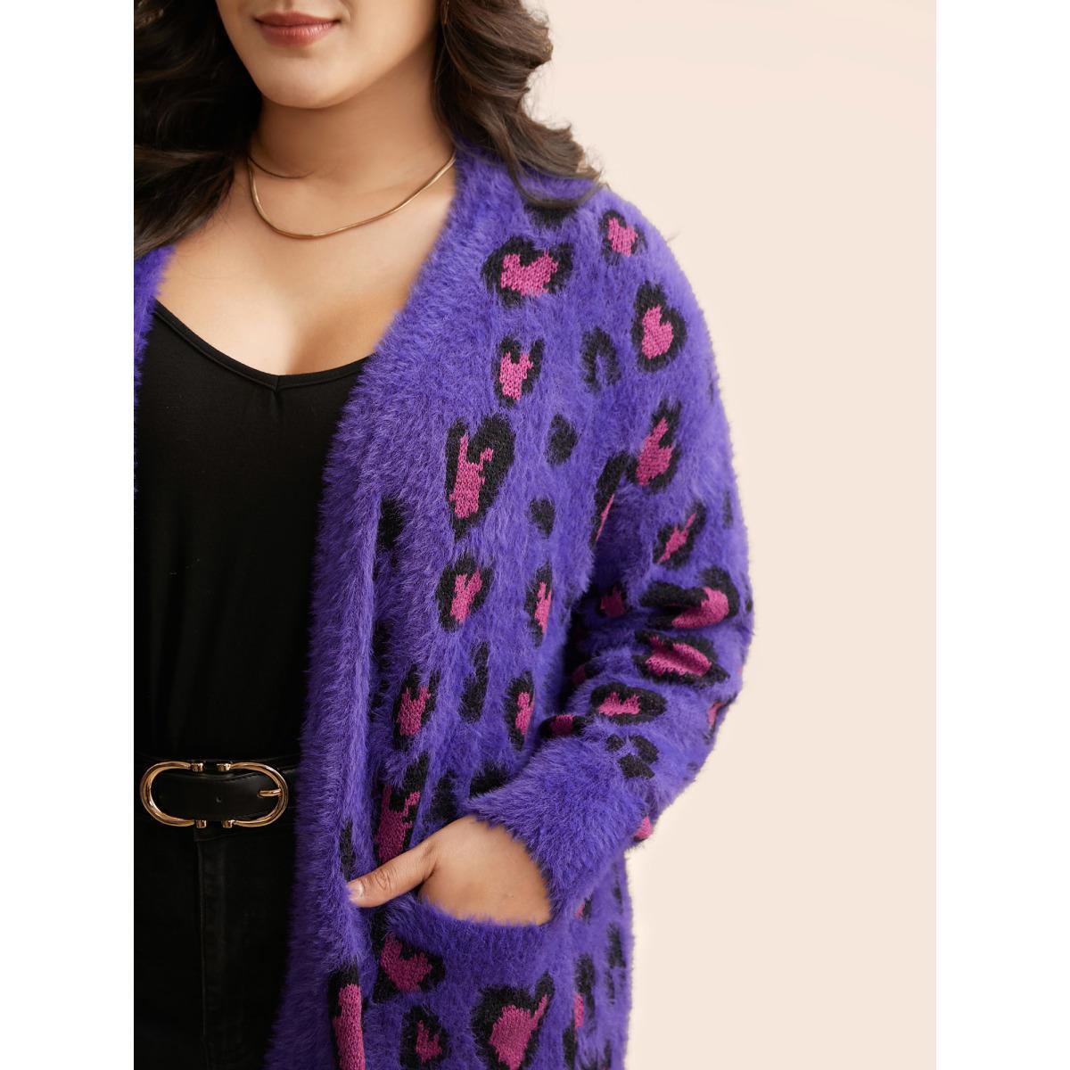 Plus Size Leopard Print Fluffy Patch Pocket Cardigan Deeppurple Women Casual Loose Long Sleeve Everyday Cardigans BloomChic 30/6X Product Image