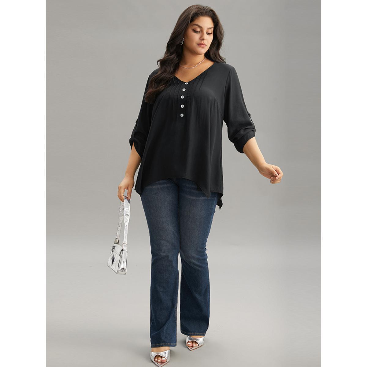 Plus Size Black Solid Button Detail Pleated Hanky Hem Blouse Women Office Elbow-length sleeve V-neck Work Blouses BloomChic 30/6X Product Image