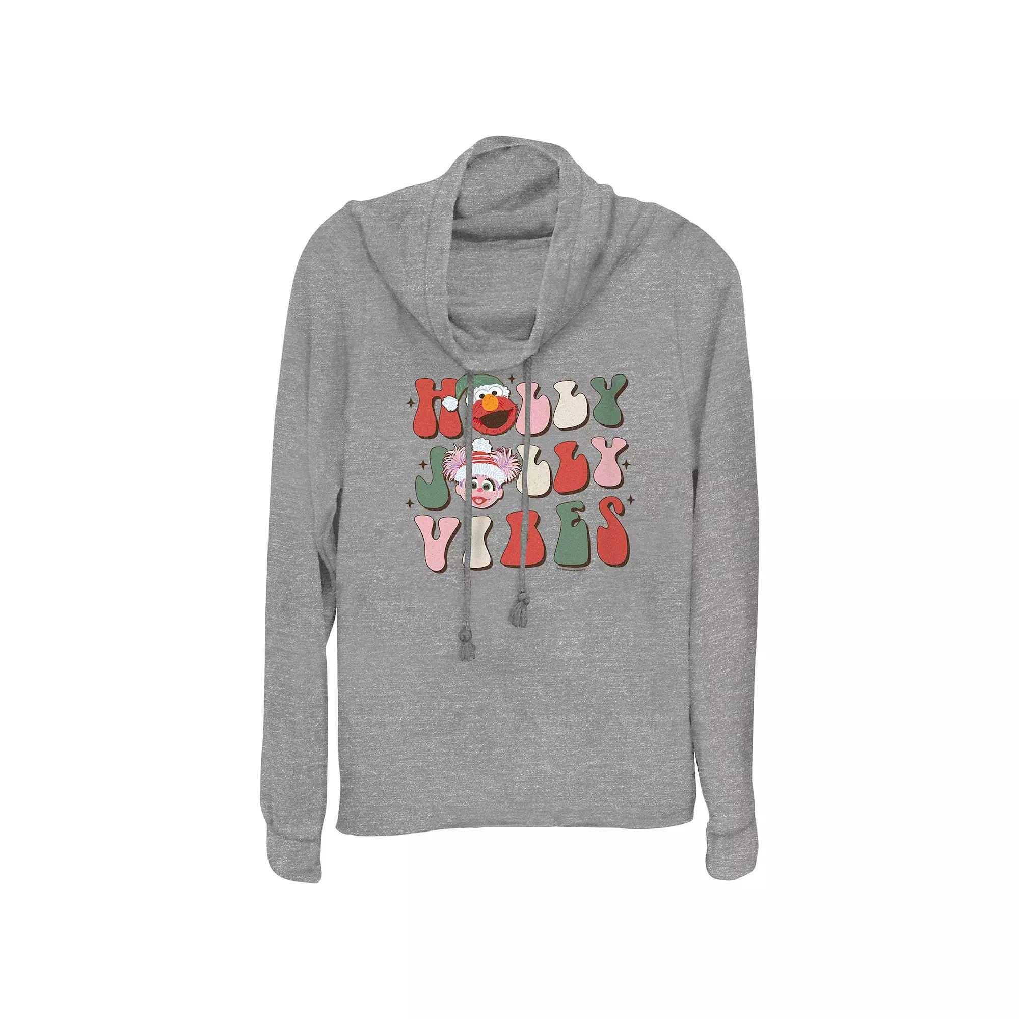 Women's PBS Kids Sesame Street Elmo And Abby Cadabby Holly Jolly Vibes Cowlneck Graphic Lightweight Long Sleeve, Size: Small, Gray Grey Product Image