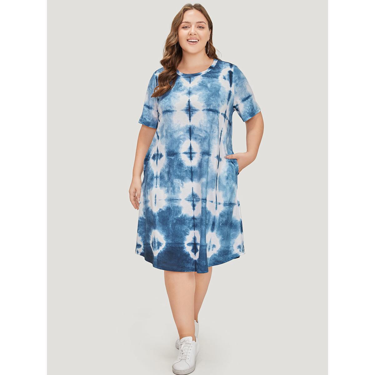 Plus Size Tie Dye Pocket Ruffle Hem Crew Neck Dress Blue Women Casual Printed Round Neck Short sleeve Curvy Midi Dress BloomChic 12/L Product Image