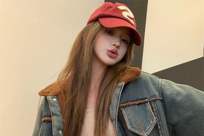 Collar Fleece-Lined Washed Denim Button Jacket Product Image