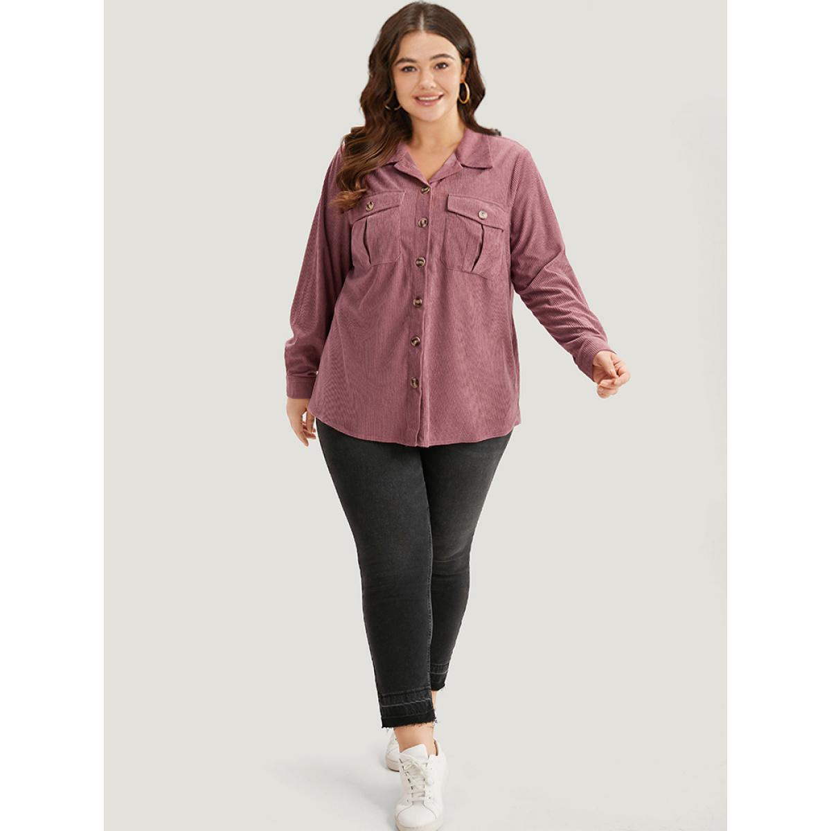 Plus Size Plain Texture Pocket Button Through Shirt Collar Coat Women DustyPink Casual Texture Ladies Dailywear Winter Coats BloomChic 28/5X Product Image
