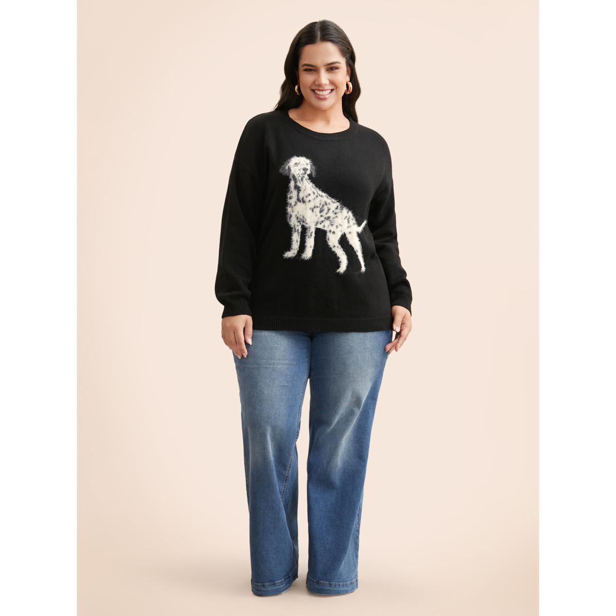 Plus Size Dog Jacquard Fluffy Drop Shoulder Pullover Black Women Casual Long Sleeve Round Neck Everyday Pullovers BloomChic 28/5X Product Image