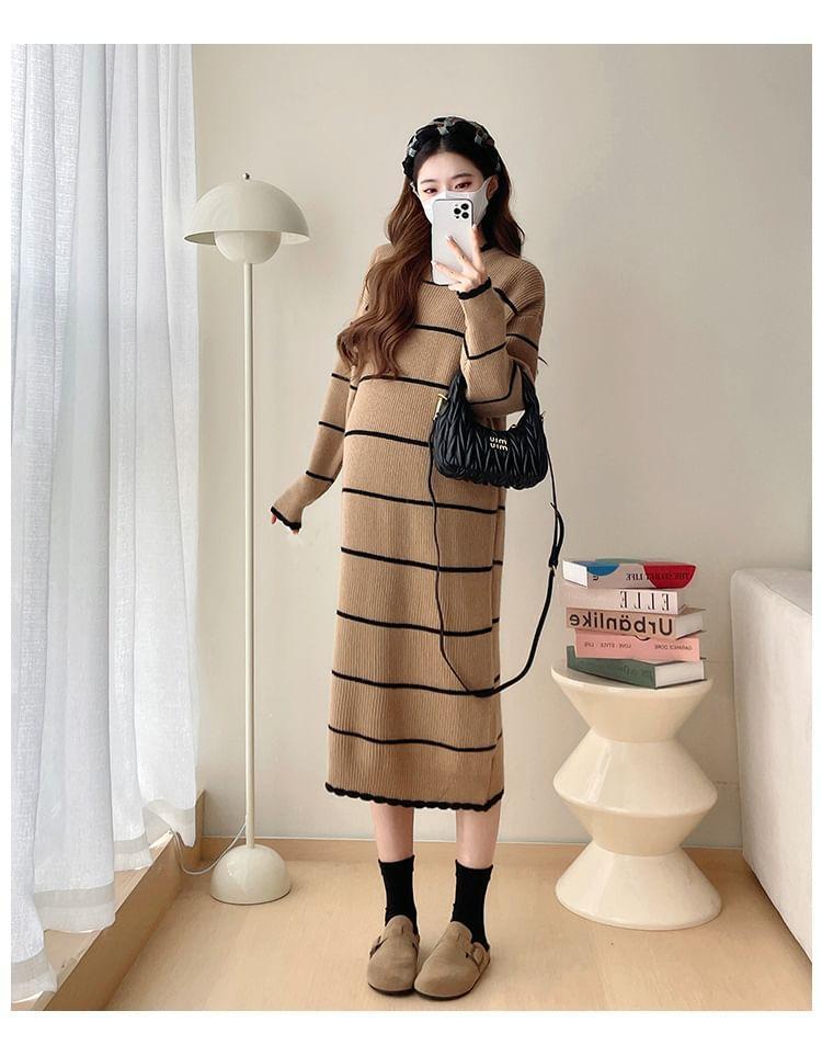 Maternity Long Sleeve Round Neck Striped Ribbed Midi Shift Sweater Dress Product Image