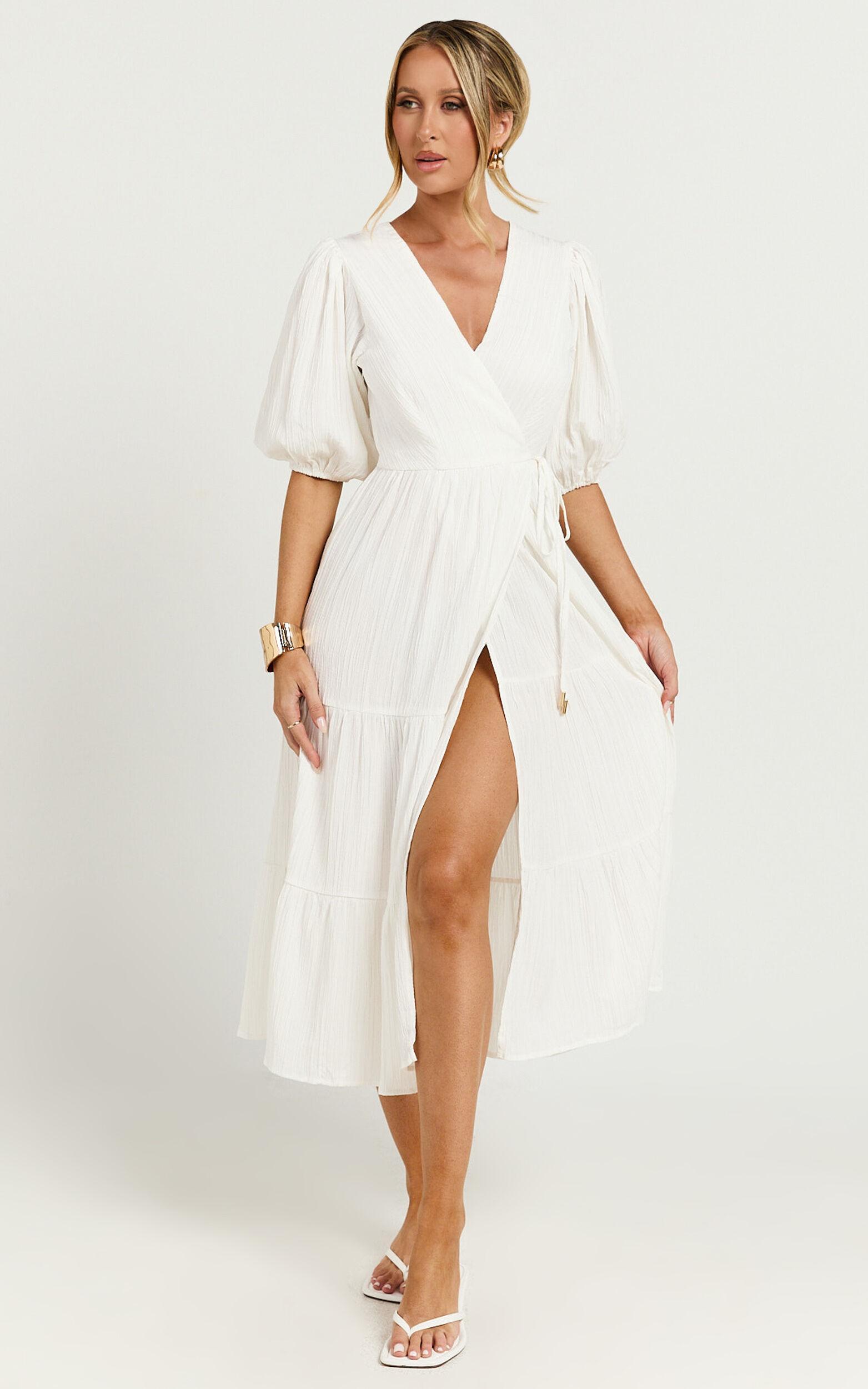 Junmae Midi Dress - Tiered Waffle Wrap Dress in Ivory Product Image