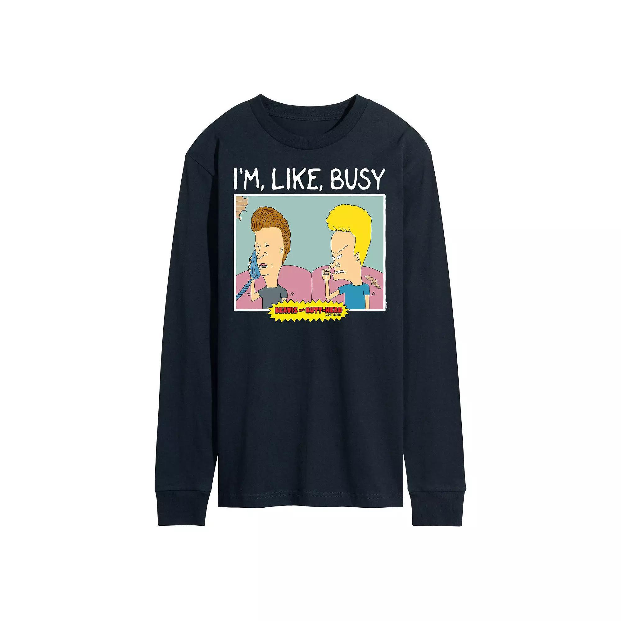 Mens Beavis And Butthead Im Like Busy Long Sleeve Tee Blue Product Image