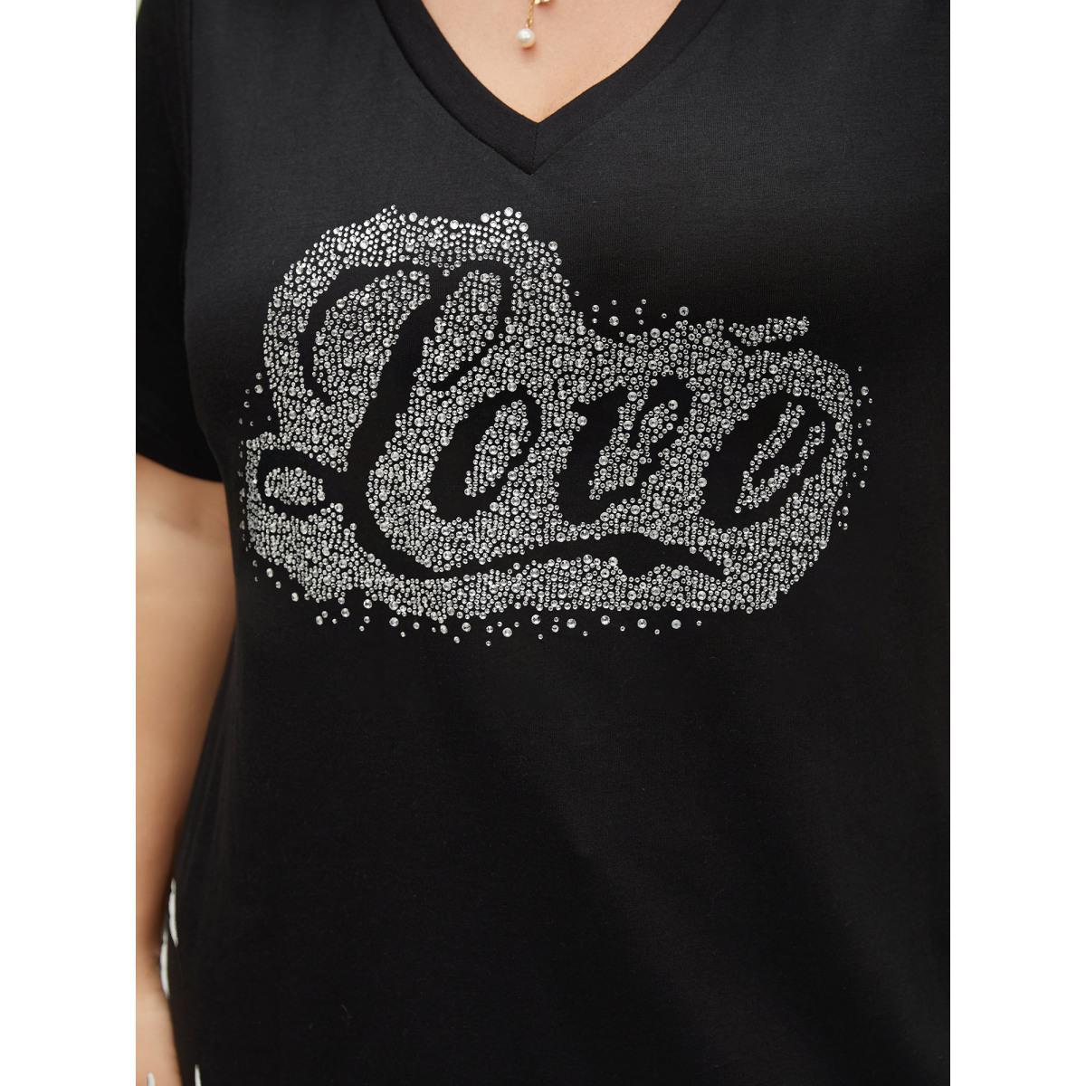 Plus Size Love Rhinestone V Neck T-shirt Black Women Casual Rhinestone detailing Art&design Everyday T-shirts BloomChic 10/M Product Image