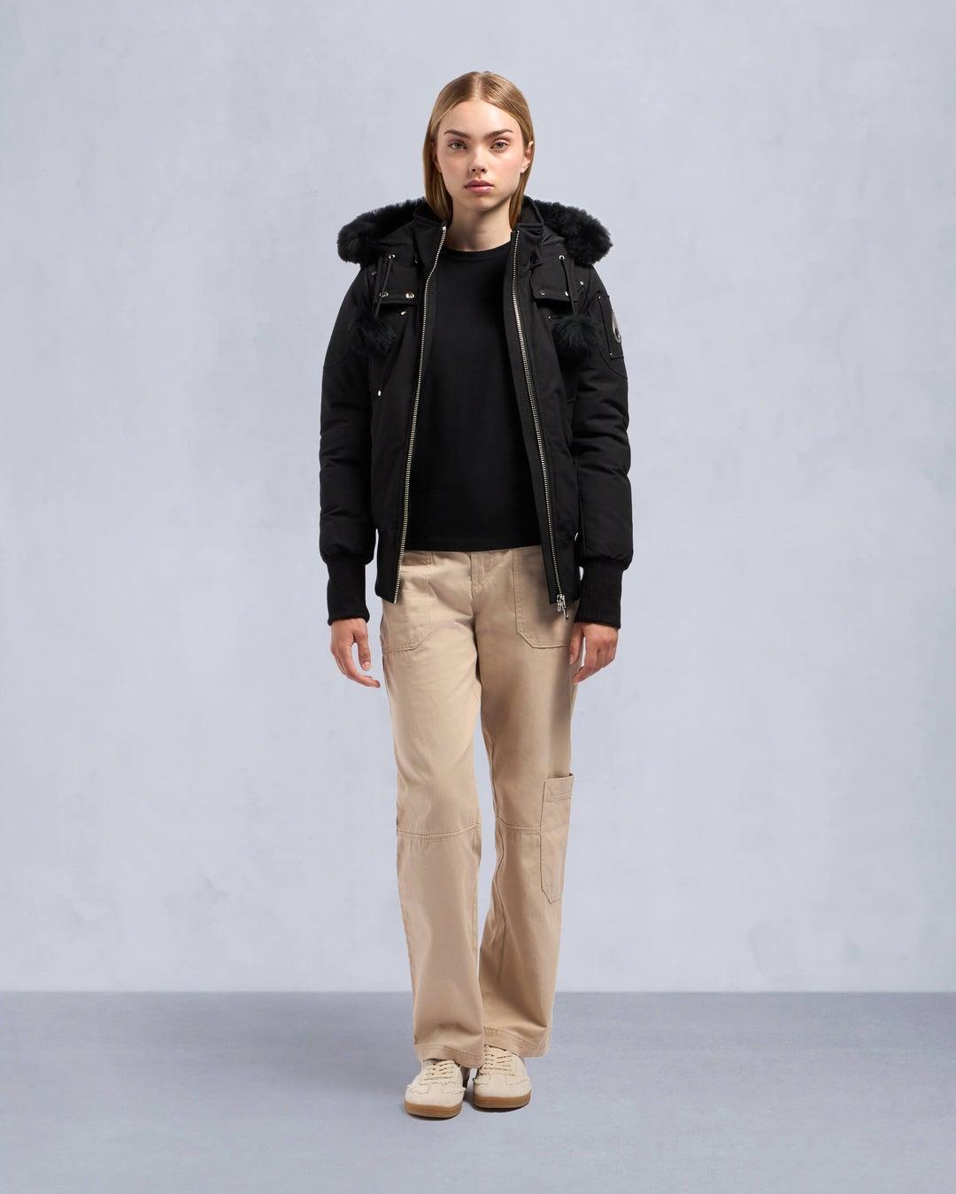 Moose Knuckles Womens Debbie Bomber in Black with Black Shearling Product Image