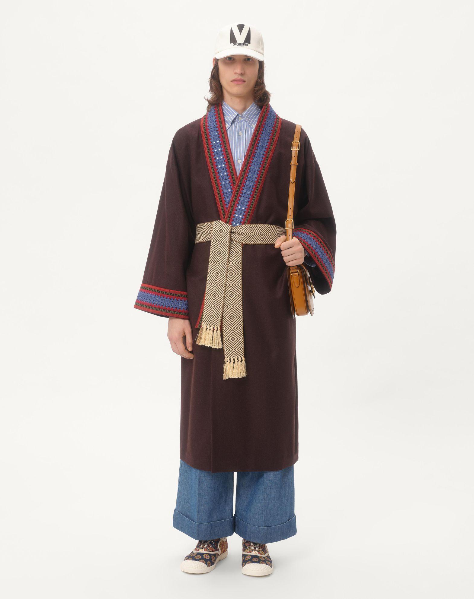 Wool Flannel Robe Coat With Jacquard Belt Product Image