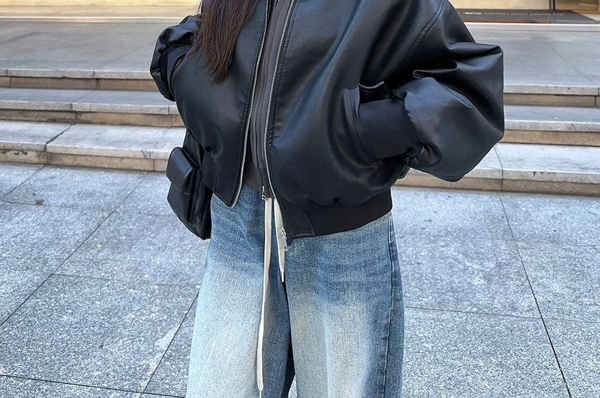 Plain Zip Hoodie / Plain Faux Leather Zip Baseball Jacket Product Image