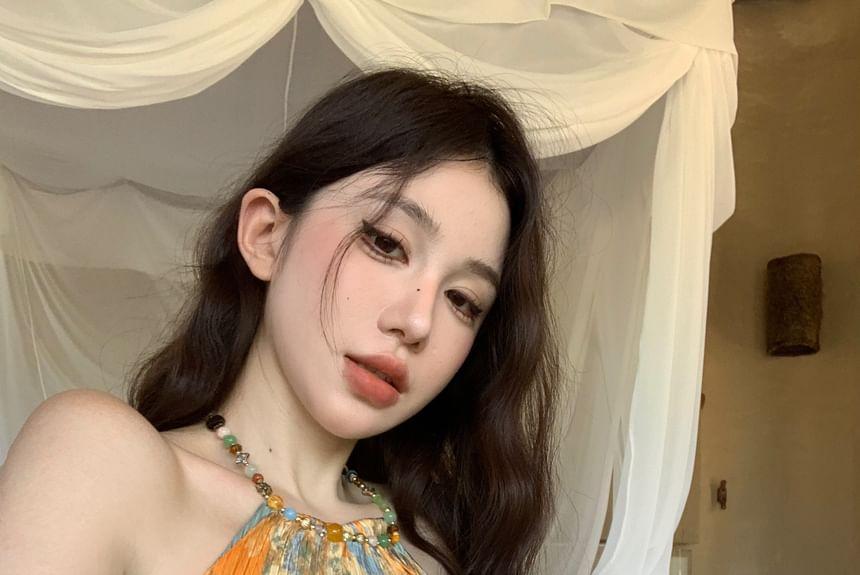 Halter Patterned Print Pleated Beaded Top Product Image