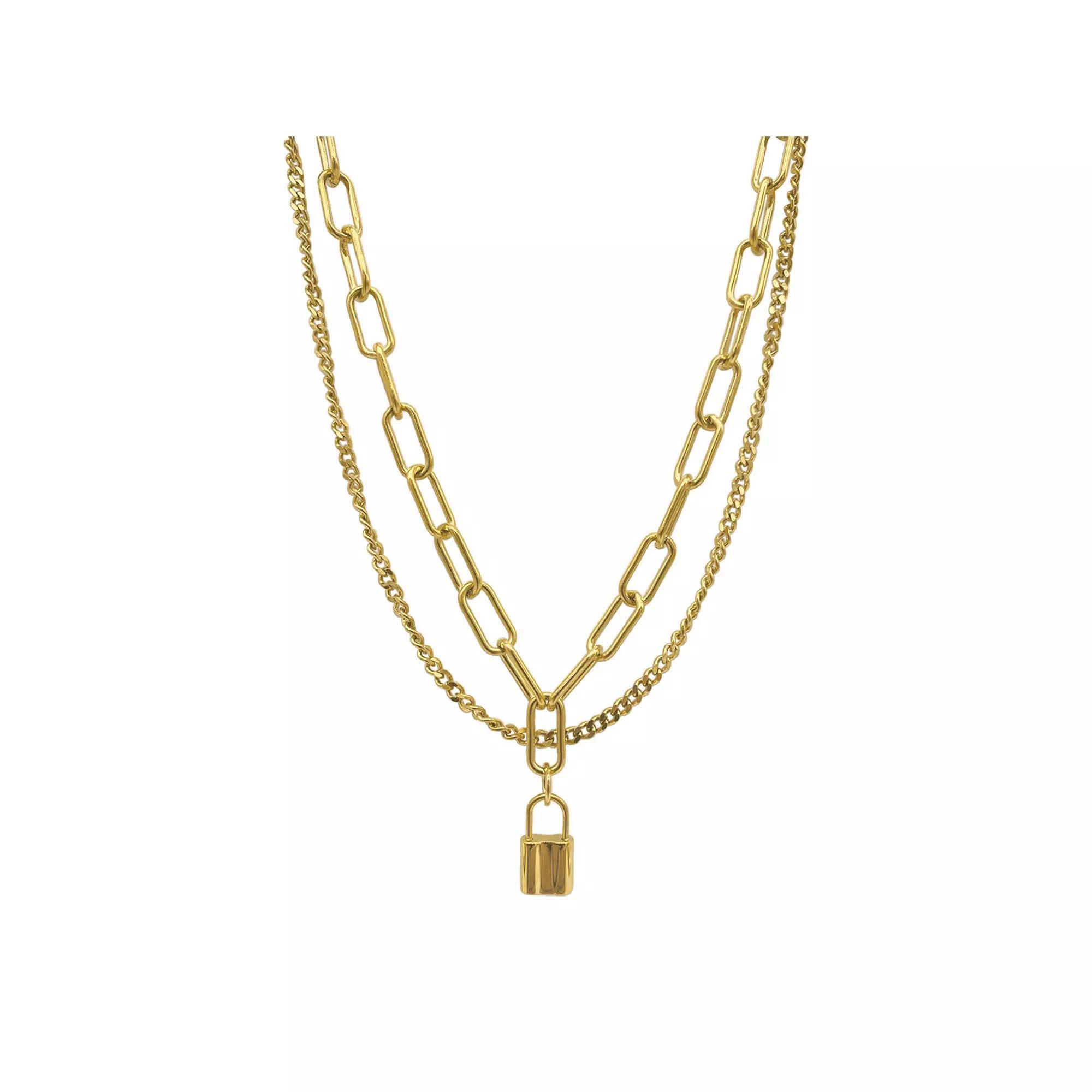 Adornia Stainless Steel Layered Curb and Paper Clip Chain Lock Necklace, Women's, Size: 18", Gold Tone Product Image