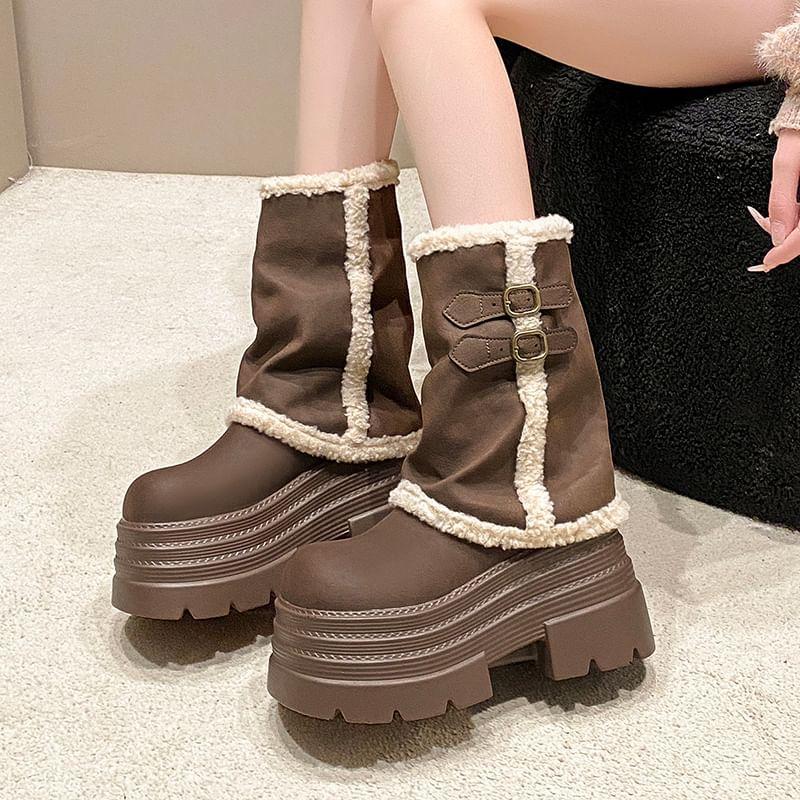 Platform Fleece-Lined Buckled Faux Leather Mid-Calf Boots Product Image
