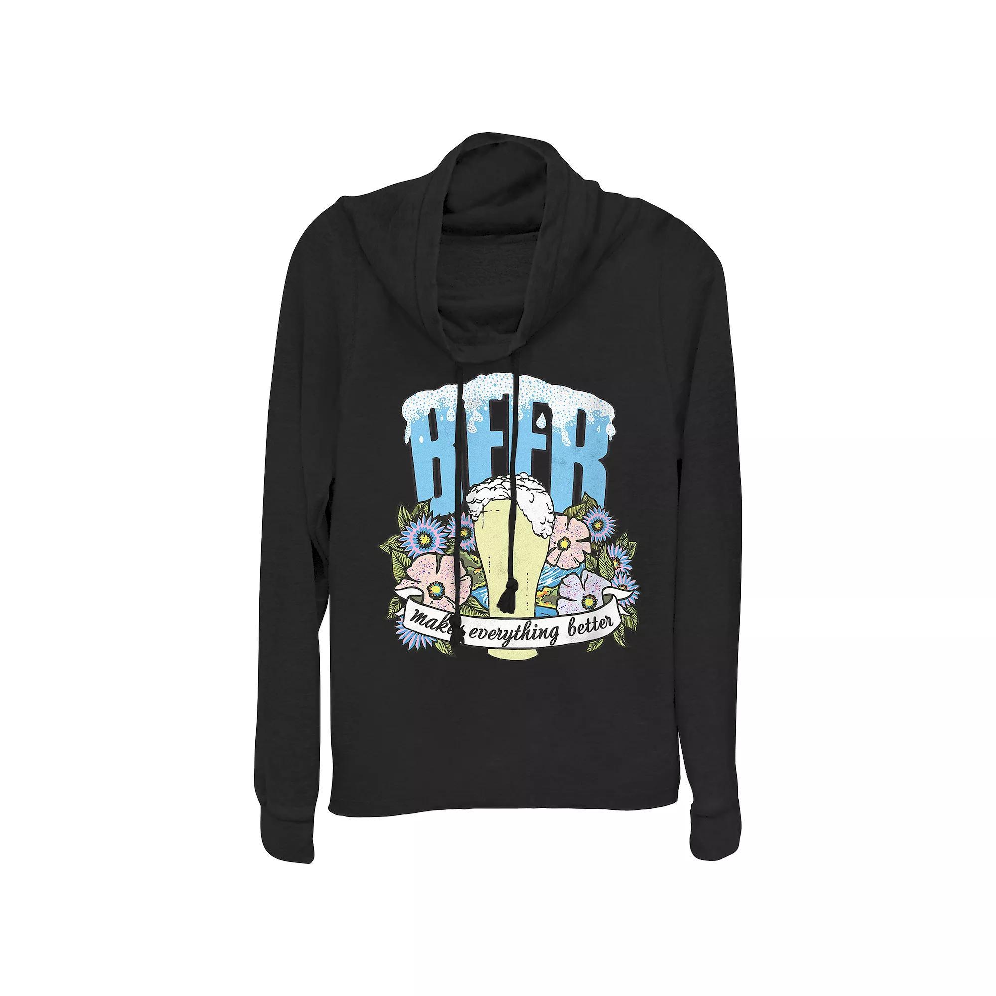 Women's Beer Makes Everything Better Cowlneck Graphic Lightweight Long Sleeve, Size: Large, Black Product Image
