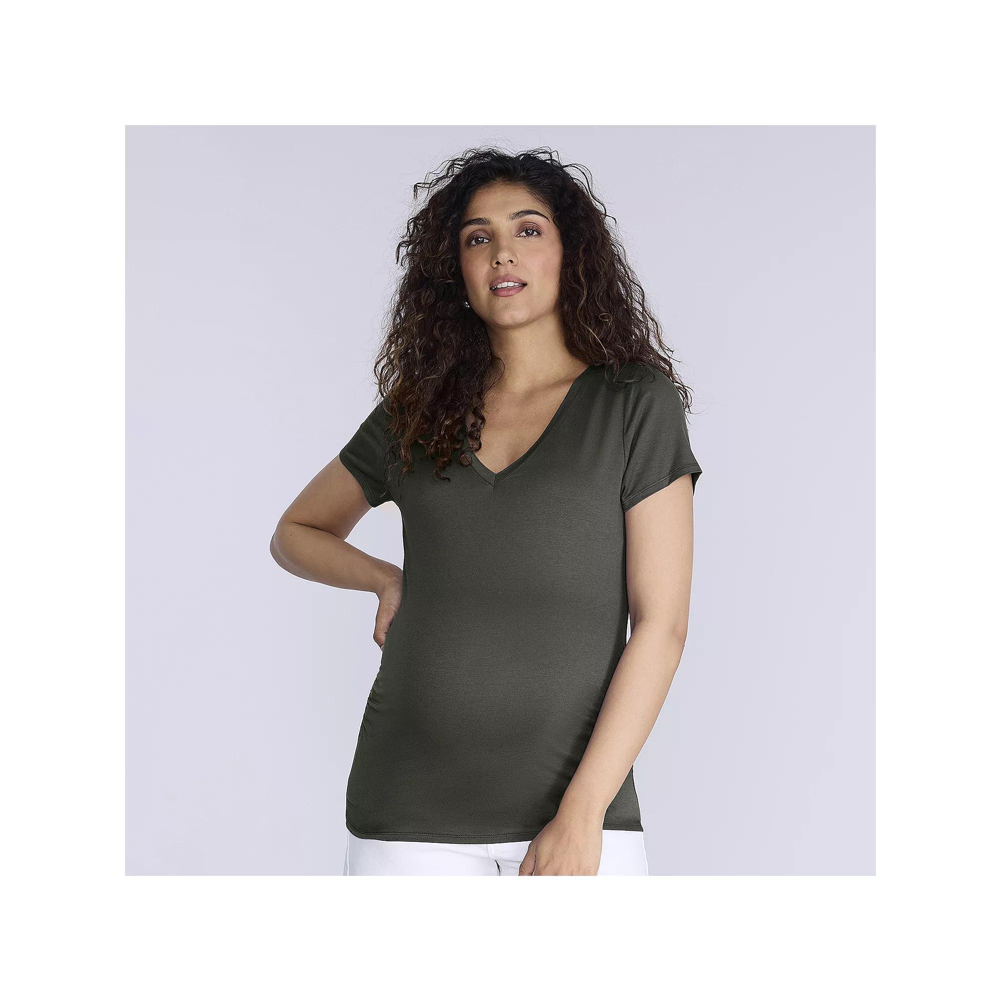 Maternity Motherhood® Side Ruched V-Neck Tee, Women's, Size: Small-Mat, Green Product Image