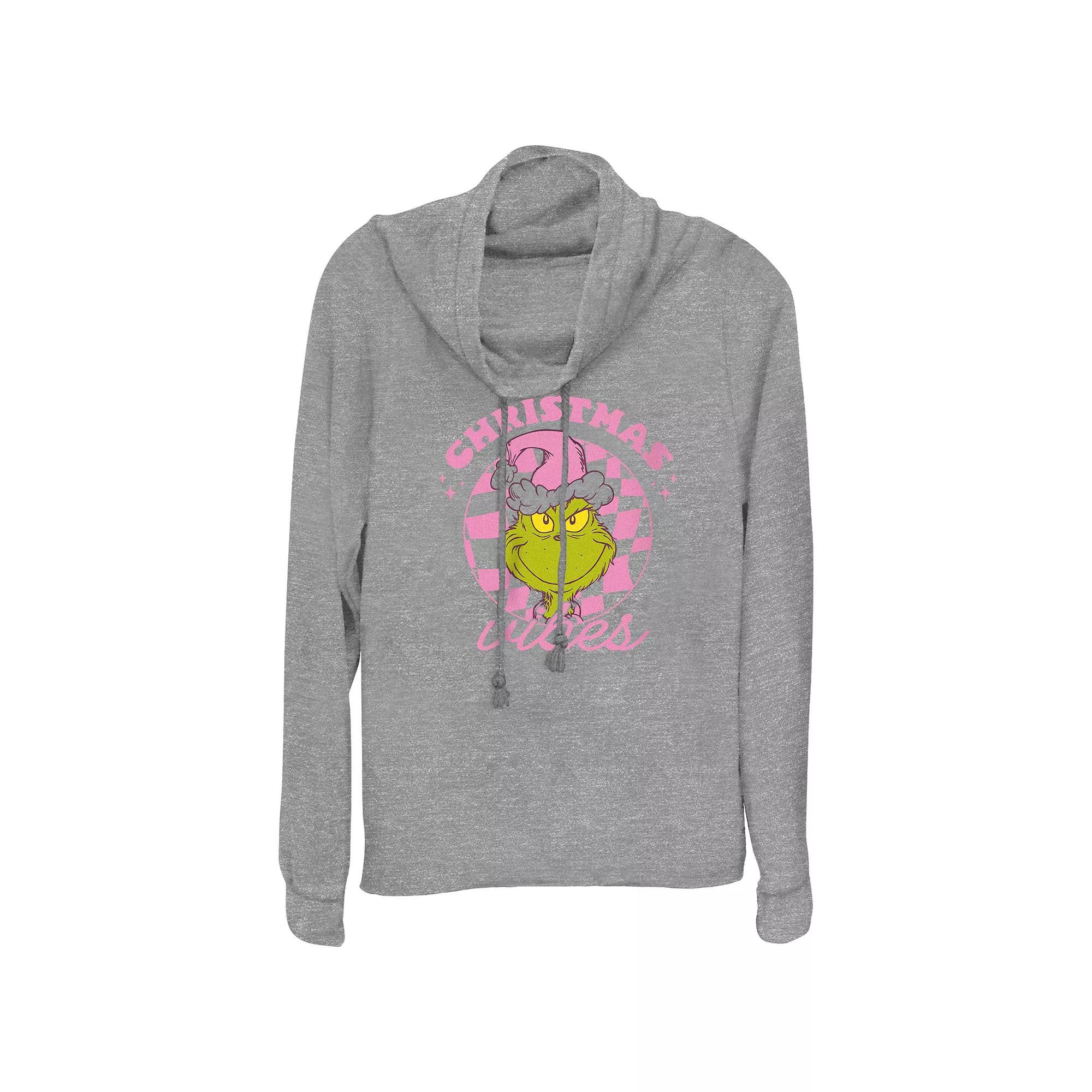 Women's Dr. Seuss Grinch Christmas Vibes Cowlneck Graphic Lightweight Long Sleeve, Size: Large, Gray Grey Product Image