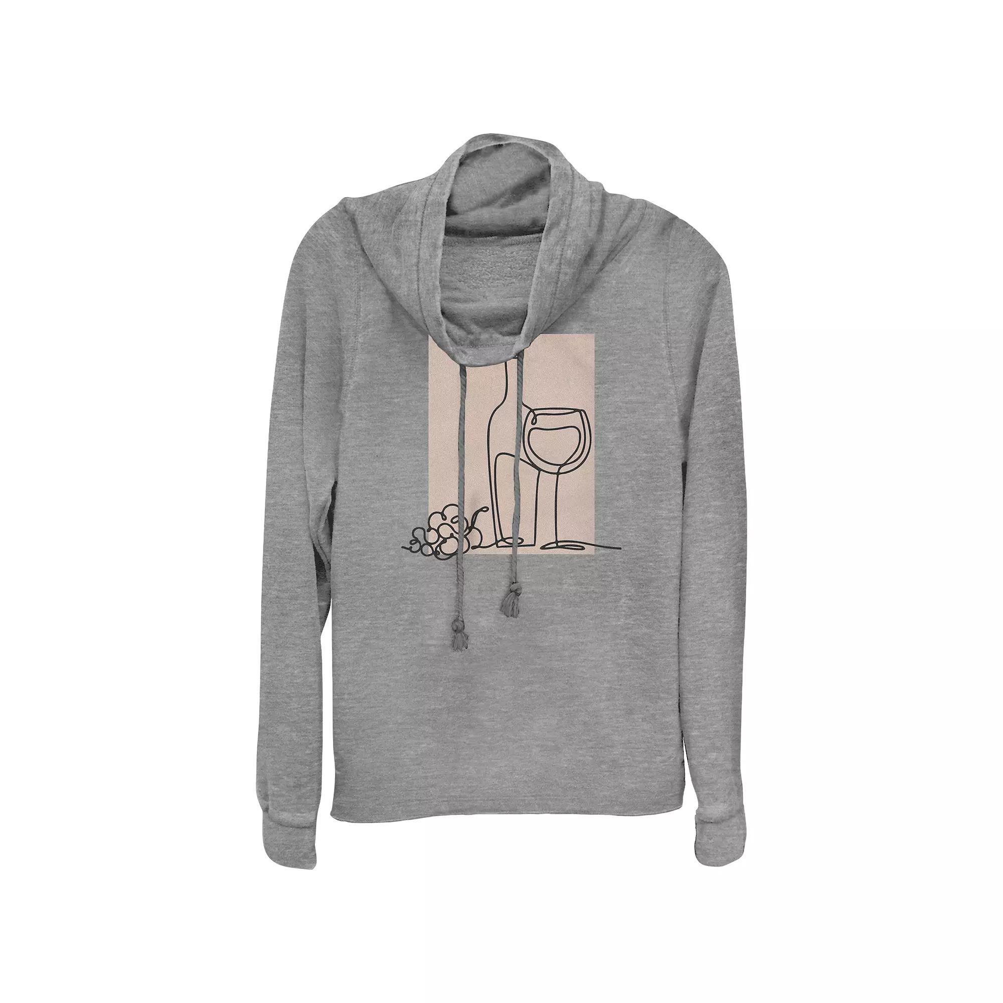 Womens Grapes Wine Bottle And Glass Drawing Cowlneck Graphic Lightweight Long Sleeve, Girls Gray Grey Product Image