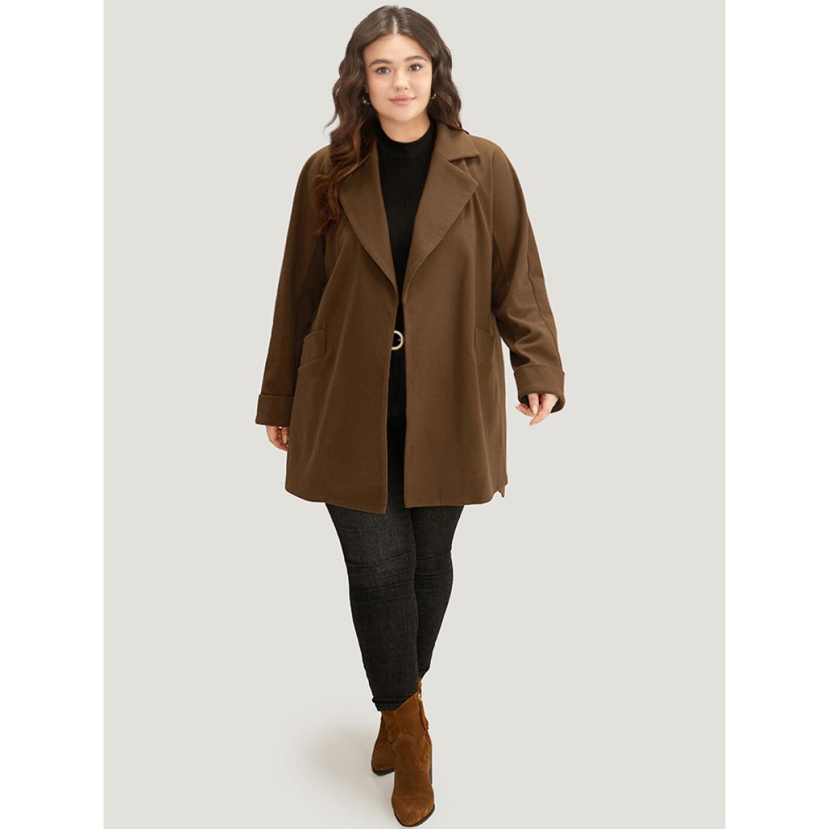Plus Size Plain Lapel Collar Pocket Belted Coat Women DarkBrown Casual Plain Ladies Dailywear Winter Coats BloomChic 26/4X Product Image