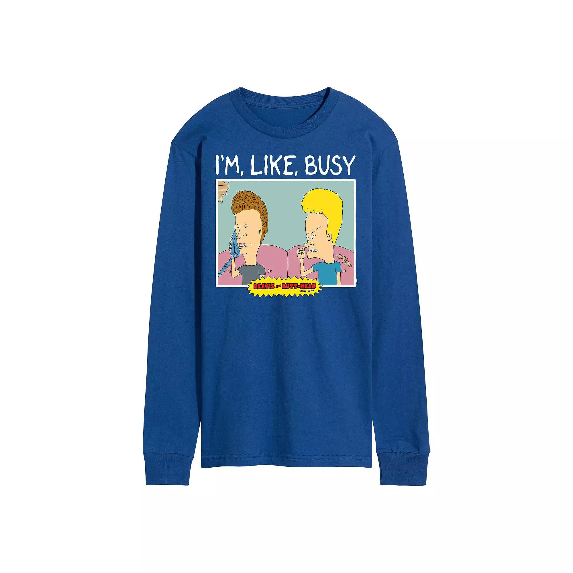 Men's Beavis And Butthead I'm Like Busy Long Sleeve Tee, Size: XXL, Blue Product Image