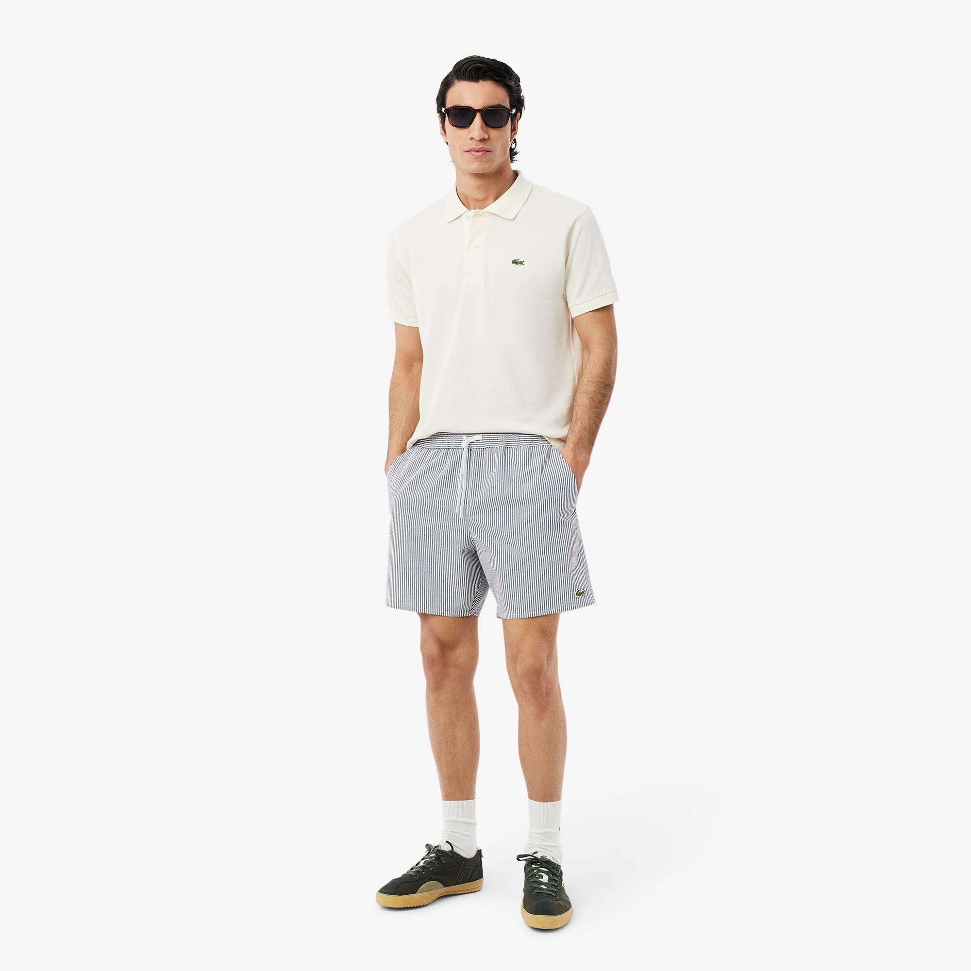 Mid Length Striped Textured Swim Trunks Product Image