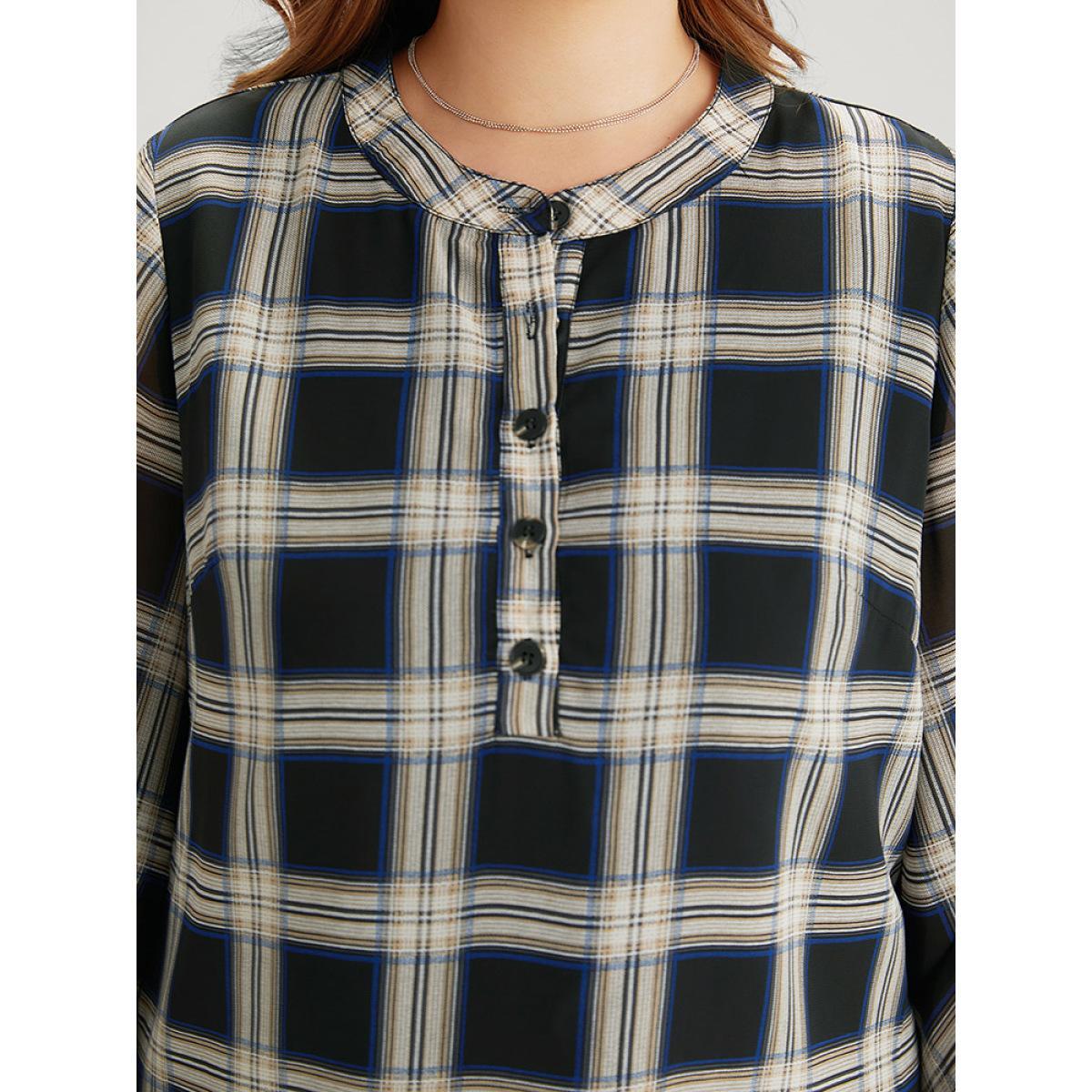Plus Size Black Plaid Button Up Ruffles Bell Sleeve Blouse Women Office Half Sleeve Shirt collar Work Blouses BloomChic 26/4X Product Image