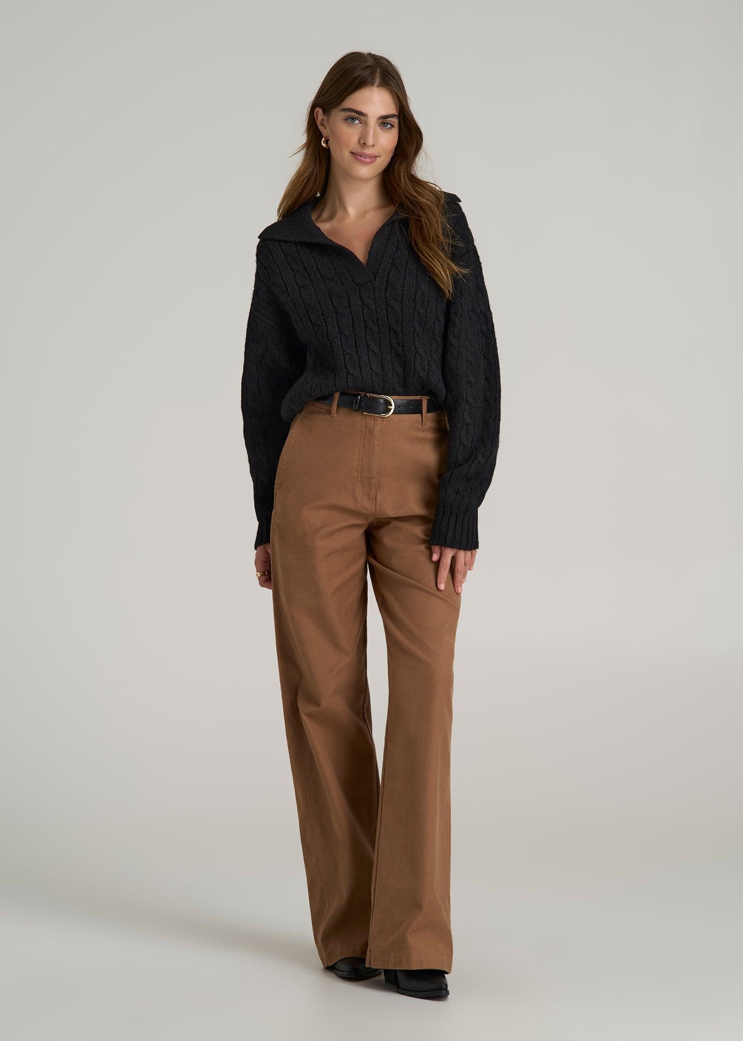 Johnny Collar Cable Knit Sweater for Tall Women in Black Product Image