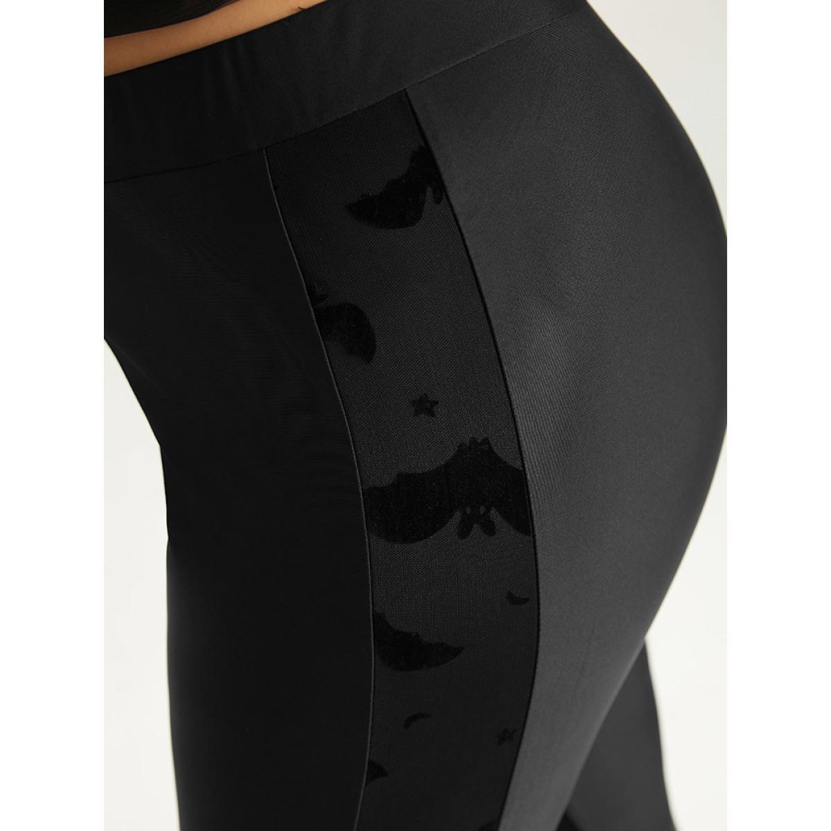 Plus Size Halloween Plain Texture Patchwork Elastic Waist Skinny Leggings Women Black Elegant High stretch Skinny High Rise Festival-Halloween Leggings BloomChic 10/M Product Image