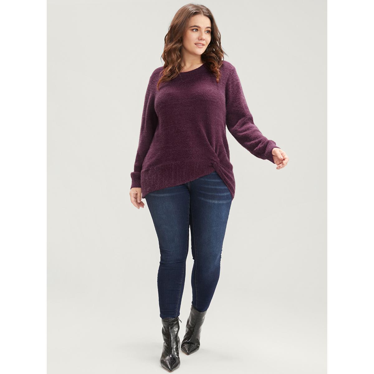 Plus Size Solid Soft Sexy Yarn Knit Twist Front Fluffy Knit Top Burgundy Women Elegant Loose Long Sleeve Round Neck Dailywear Pullovers BloomChic 12/L Product Image