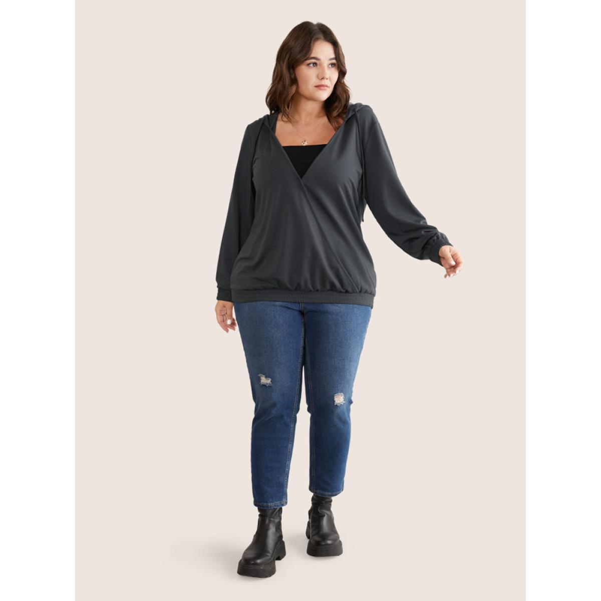 Plus Size Deep V Neck Hooded Drawstring Sweatshirt Women DimGray Casual Plain Hooded Dailywear Sweatshirts BloomChic 26/4X Product Image