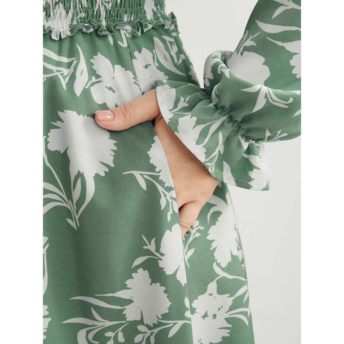 Plus Size Floral Lantern Sleeve Shirred Pocket Tie Neck Ruffle Dress Green Women Elegant Pocket Round Neck Long Sleeve Curvy Midi Dress BloomChic 10/M Product Image
