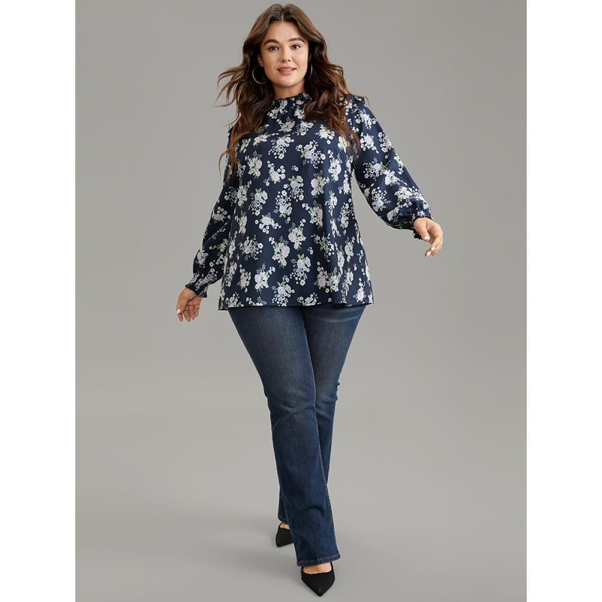 Plus Size Indigo Ruffle Trim Floral Print Shirred Blouse Women Elegant Long Sleeve Mock Neck Work Blouses BloomChic 12/L Product Image