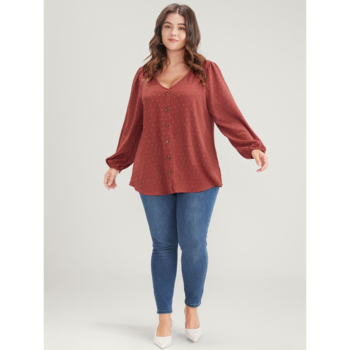 Plus Size Russet Solid Button Lantern Sleeve V Neck Blouse Women Elegant Long Sleeve V-neck Dailywear Blouses BloomChic 18-20/2X Product Image