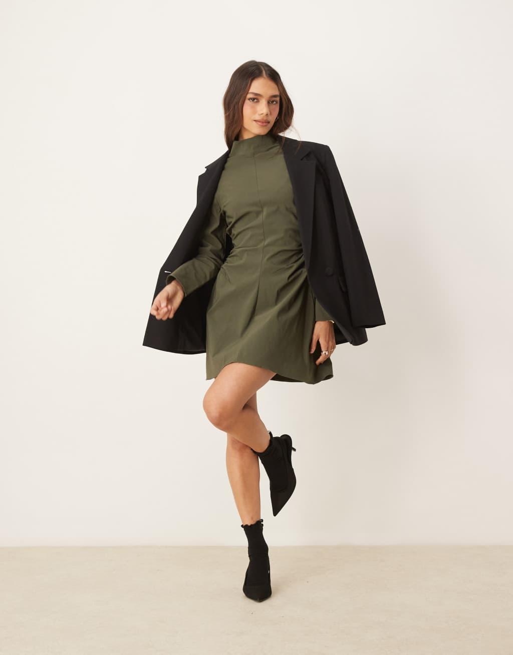ASOS DESIGN sculpt high neck mini dress in khaki Product Image