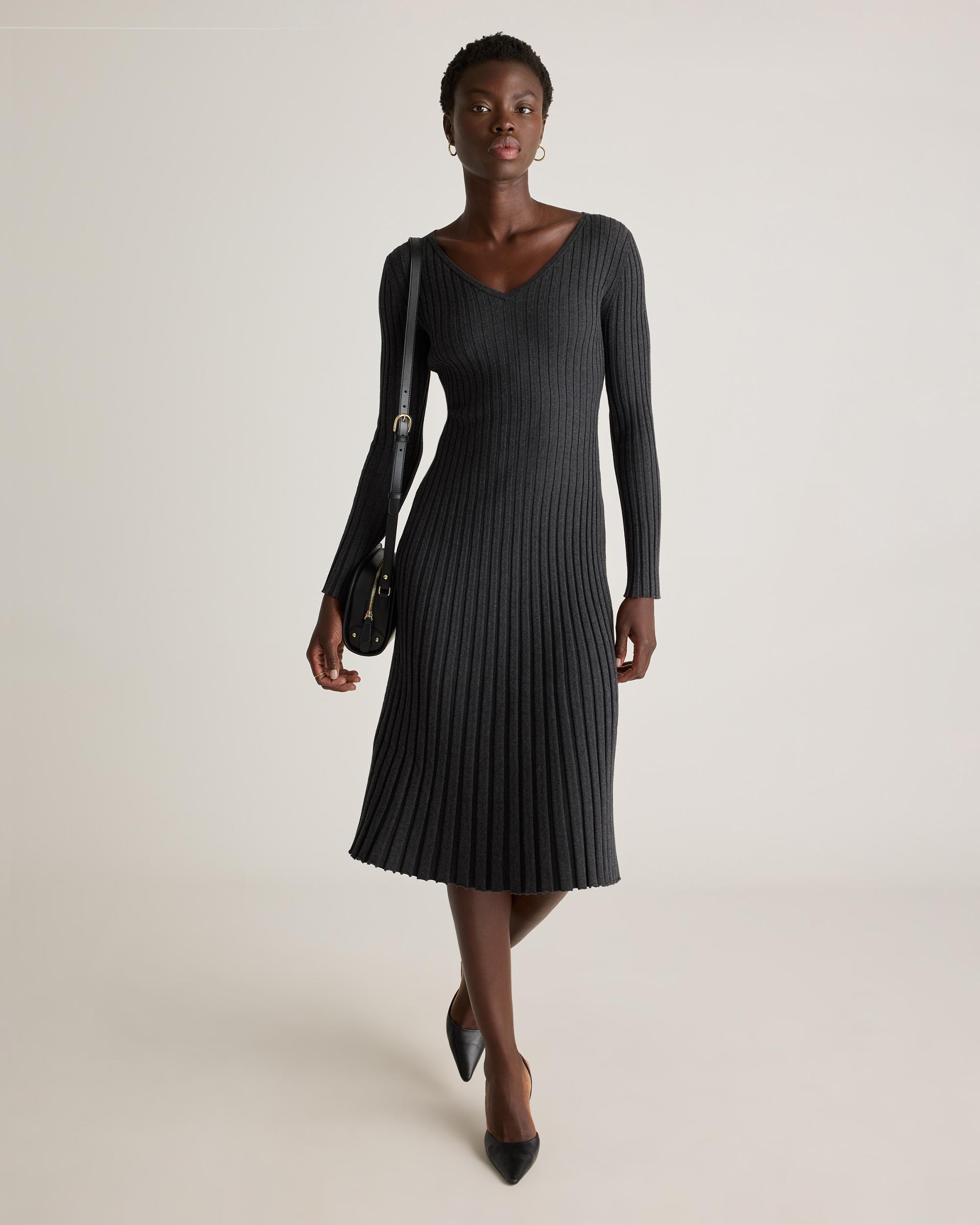 Quince | Women's Cotton Cashmere Ribbed Long Sleeve V-Neck Midi Dress Product Image